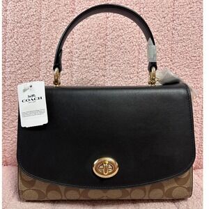 NWT Coach Tilly Satchel Signature Canvas Khaki Black Leather Handbag 76620
